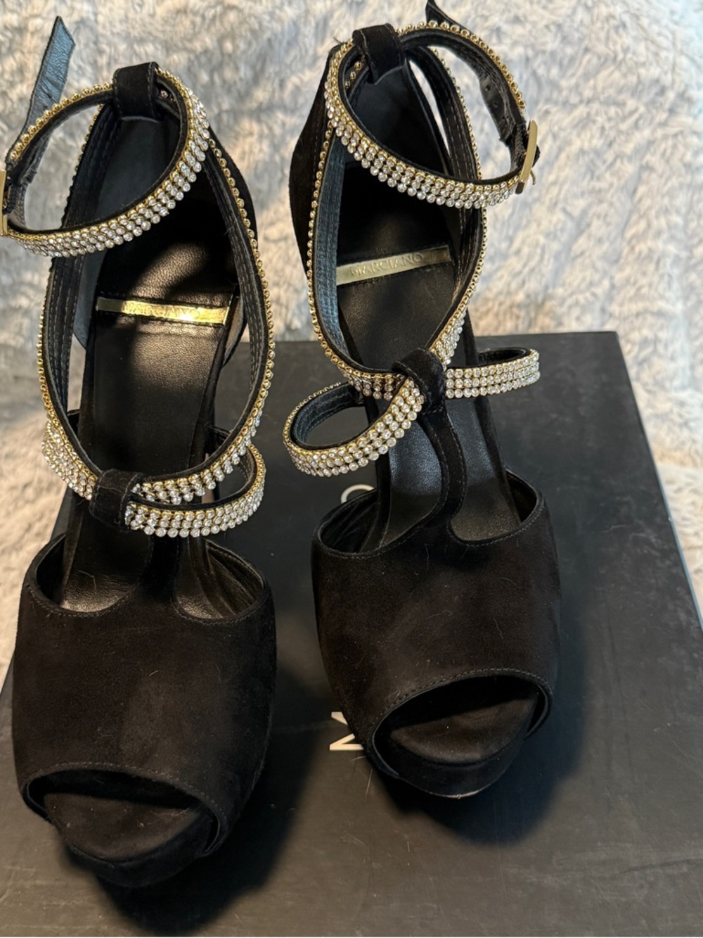 Marciano Black Suede Crystal-Trim Platform Heels